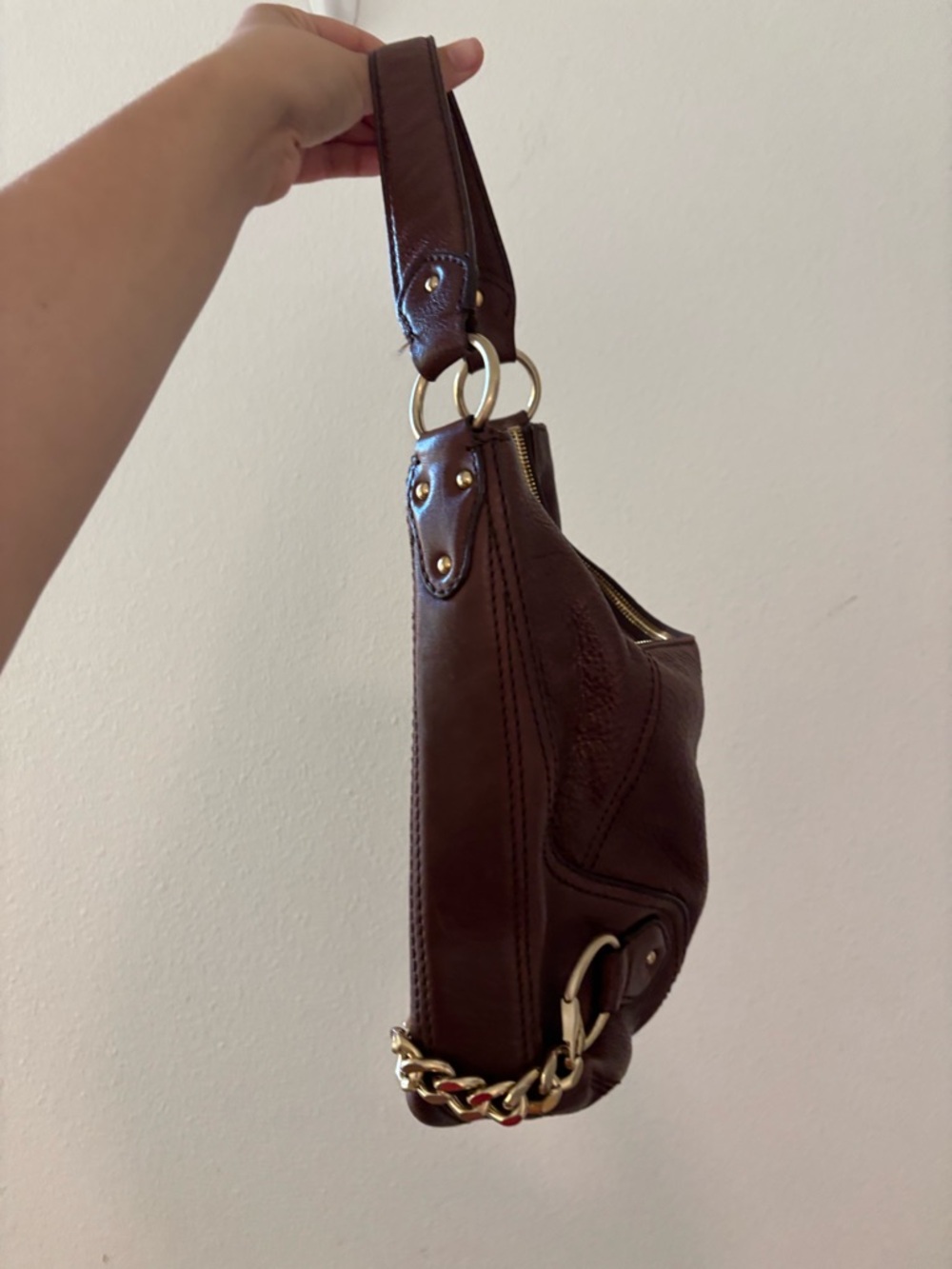 Vintage Michael Kors brown leather hobo shoulder bag with gold chain details - Picture 3 of 6